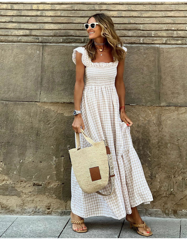 Catherine | Boho Gingham Midi Dress