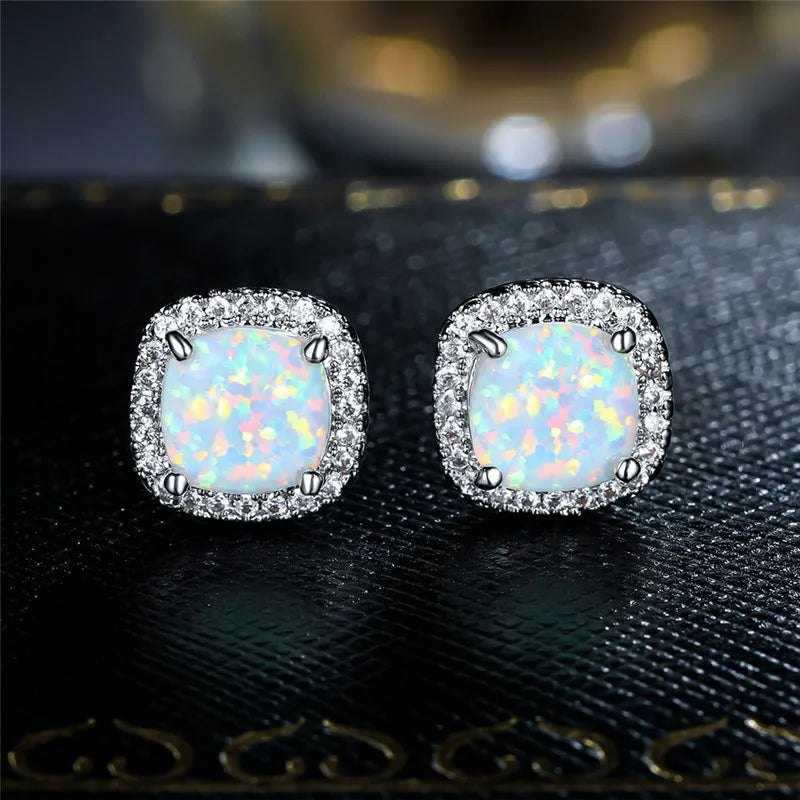 Lottie | Silver Opal Round Stud Earrings