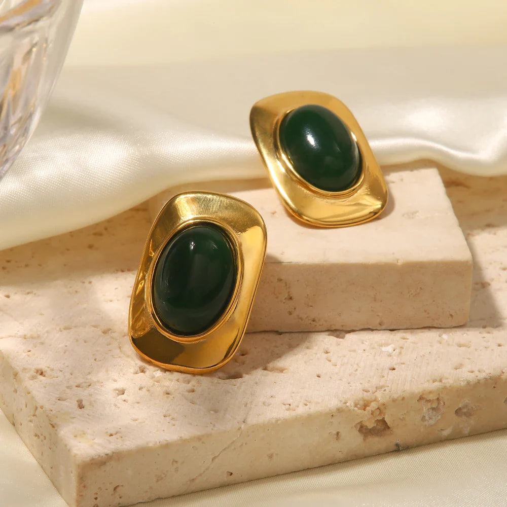 Marissa | Gold Plated Green Opal Oval Earrings