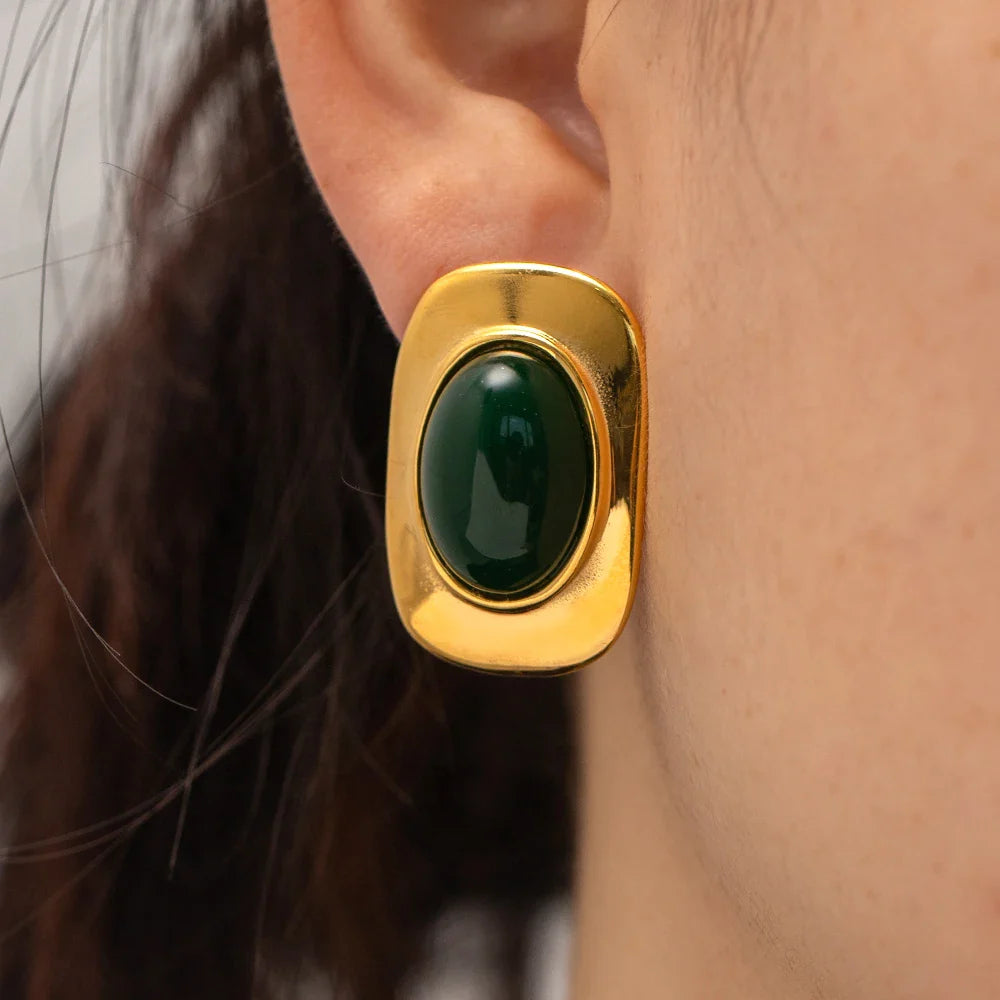 Marissa | Gold Plated Green Opal Oval Earrings