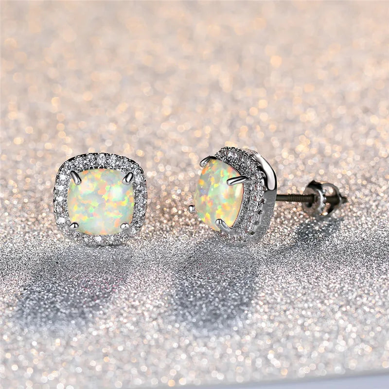 Lottie | Silver Opal Round Stud Earrings