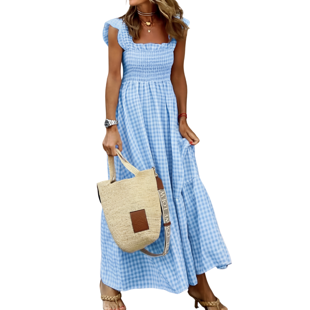 Elara | Patchwork Plaid Flared Midi Dress