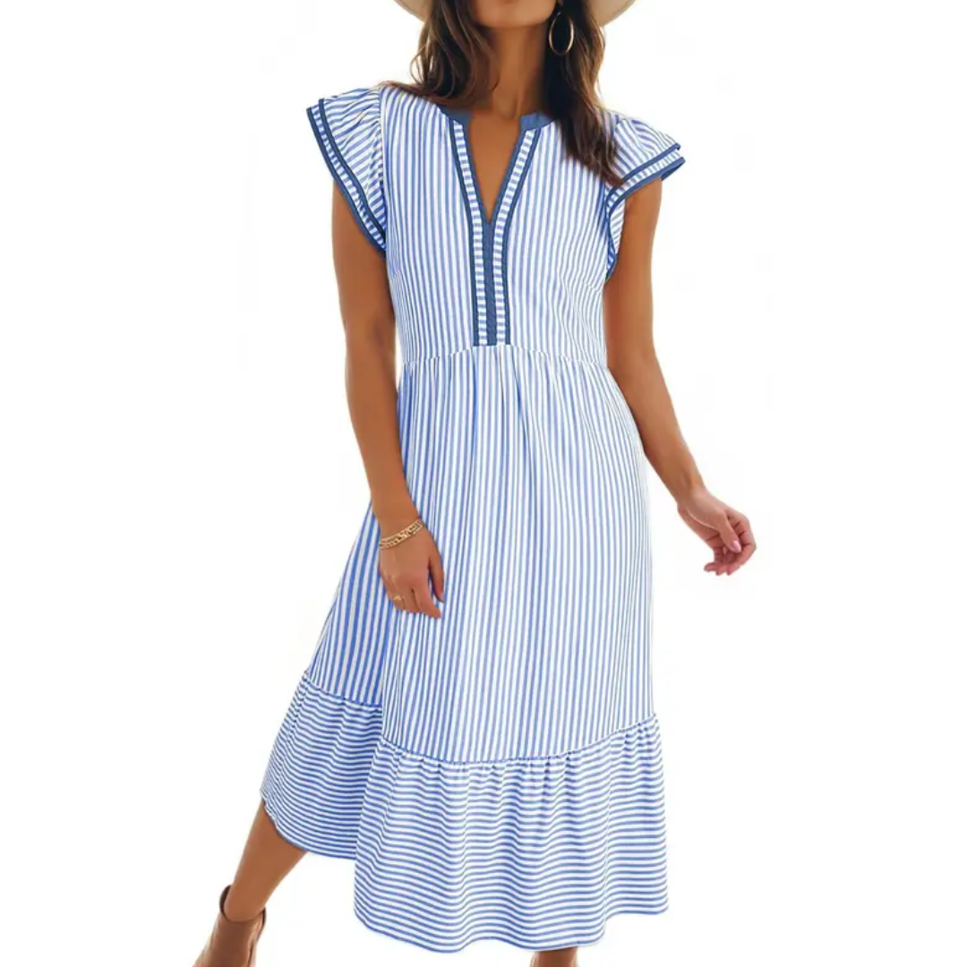 Céleste | Striped Ruffle Cap Sleeve Midi Dress