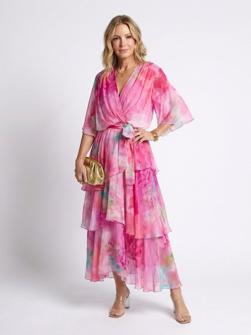 Jonquil | Sheer Layered V-Neck Maxi Dress with Bow Tie Waist