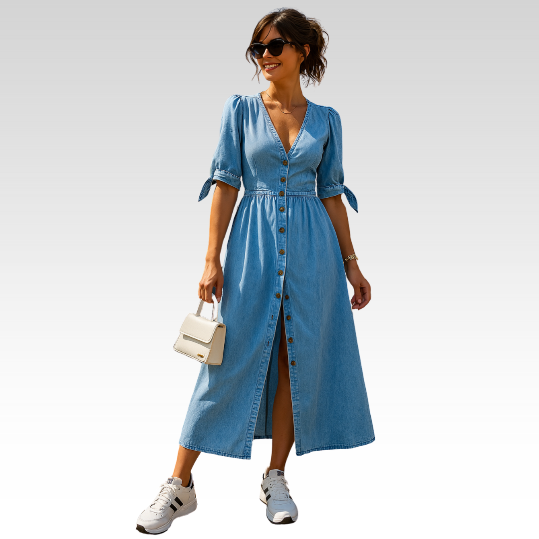 Savannah | Denim Maxi Dress with Bow Details