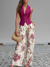 Demetria | Rose Pink Vest & Floral Wide-Leg Set