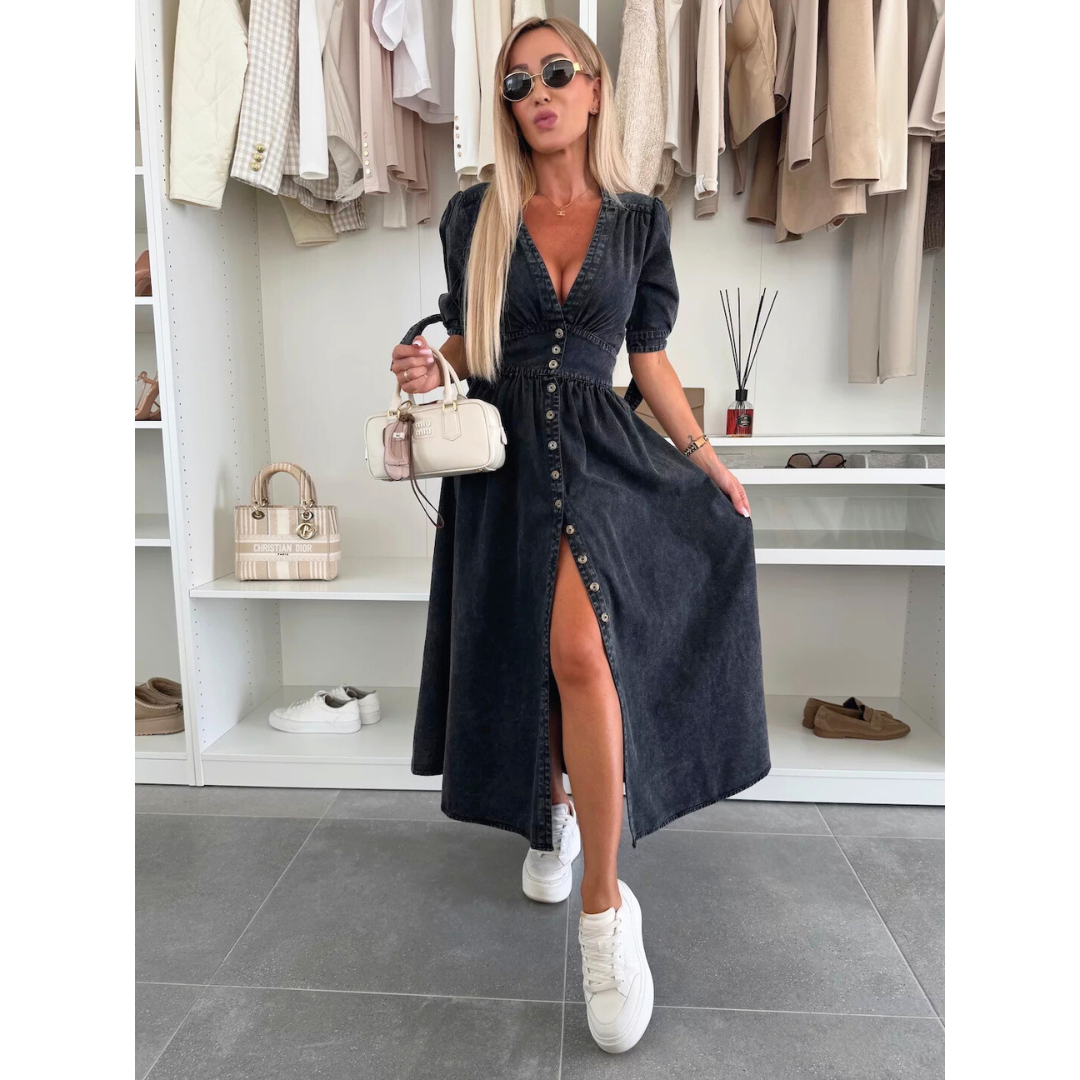 Céleste | V-Neck Denim Midi Dress