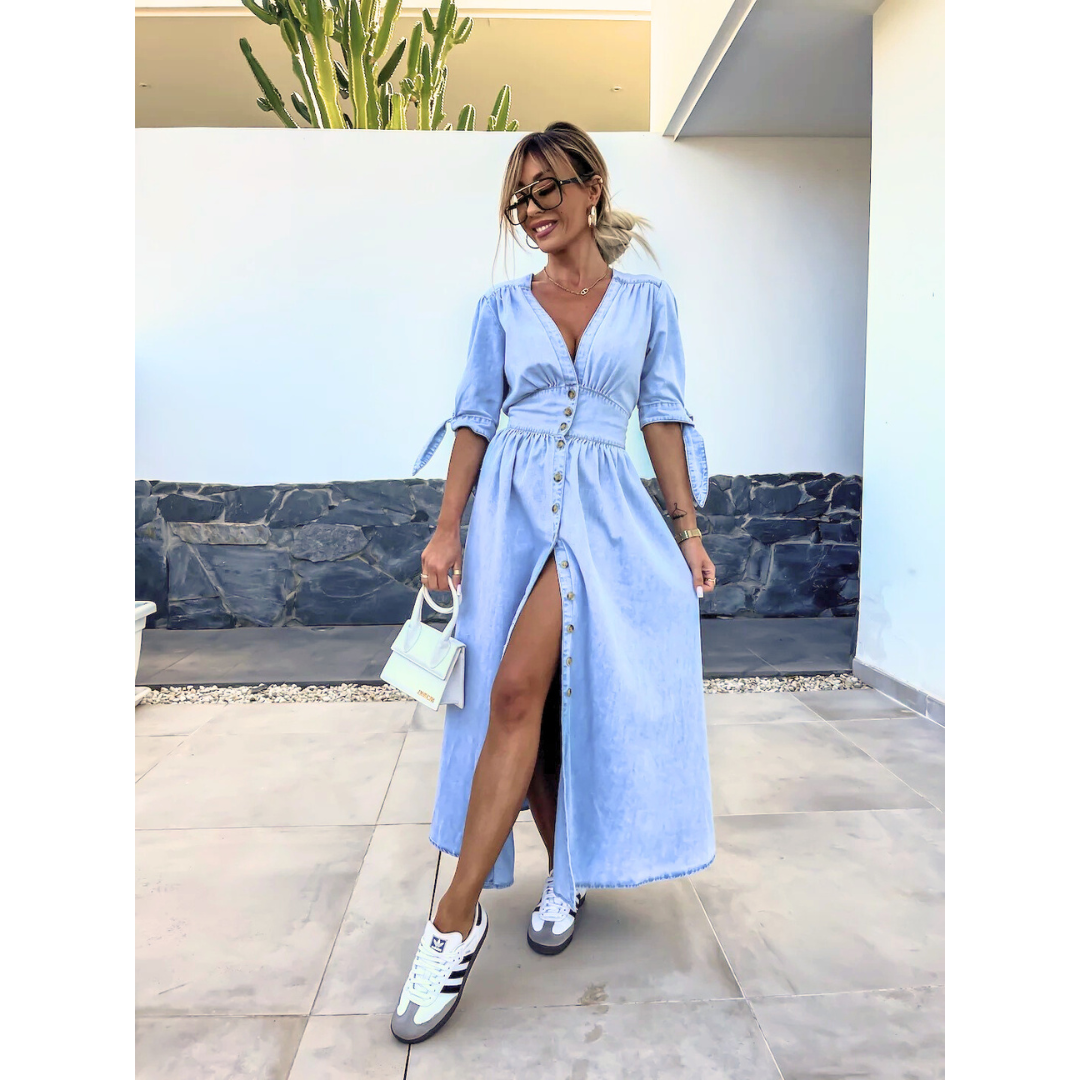 Céleste | V-Neck Denim Midi Dress