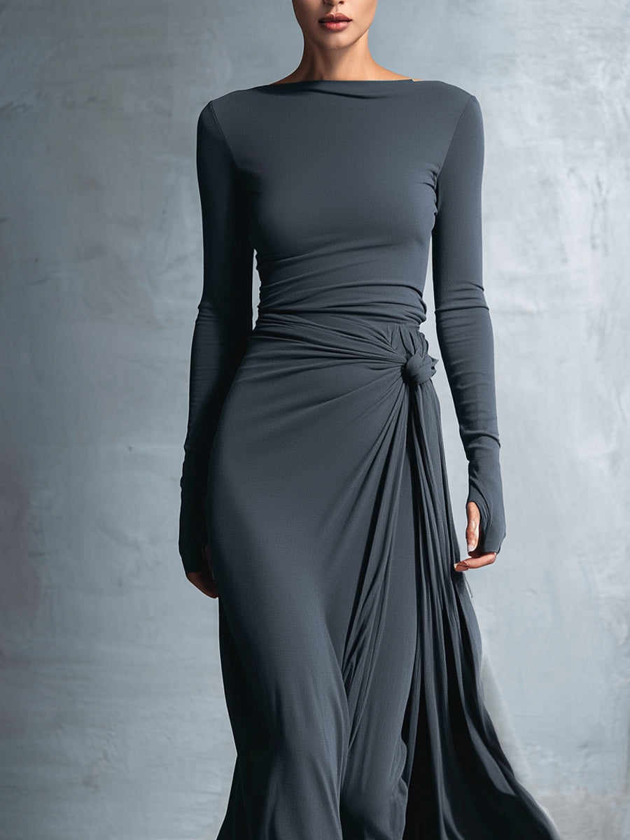 Temperance | Grey Knot-Front Maxi Dress