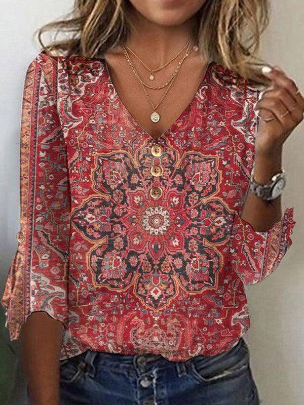 Ulrike | Red Print 3/4 Sleeve V-Neck Top