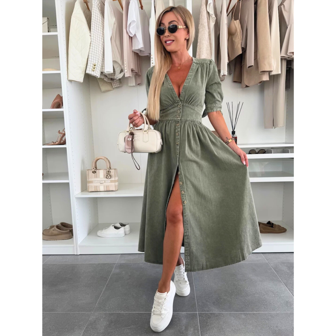 Céleste | V-Neck Denim Midi Dress