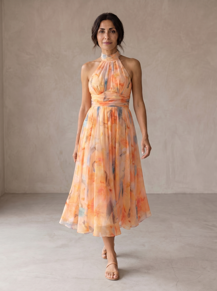Zahra | Halter Neck Watercolor Maxi Dress