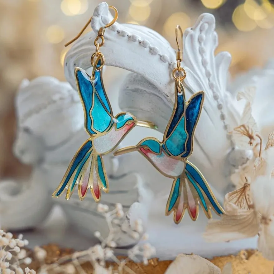 Greta | Gold & Blue Enamel Hummingbird Drops