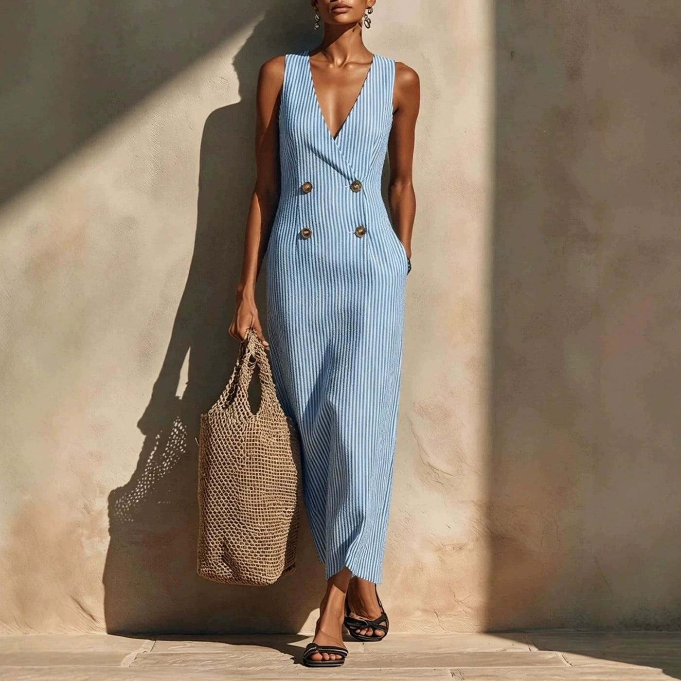 Emersyn | Striped Cotton-Blend V-Neck Jumpsuit