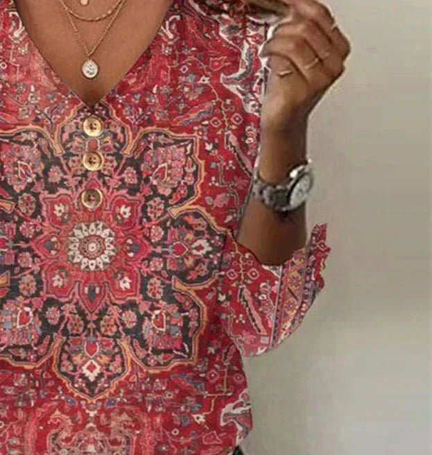Ulrike | Red Print 3/4 Sleeve V-Neck Top