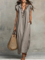 Rosemary | Ruffled V-Neck Linen Dress