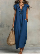 Rosemary | Ruffled V-Neck Linen Dress