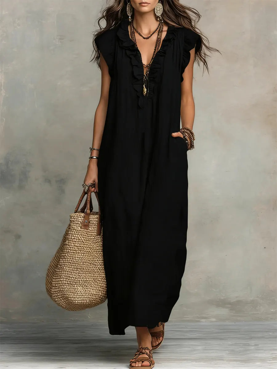 Rosemary | Ruffled V-Neck Linen Dress