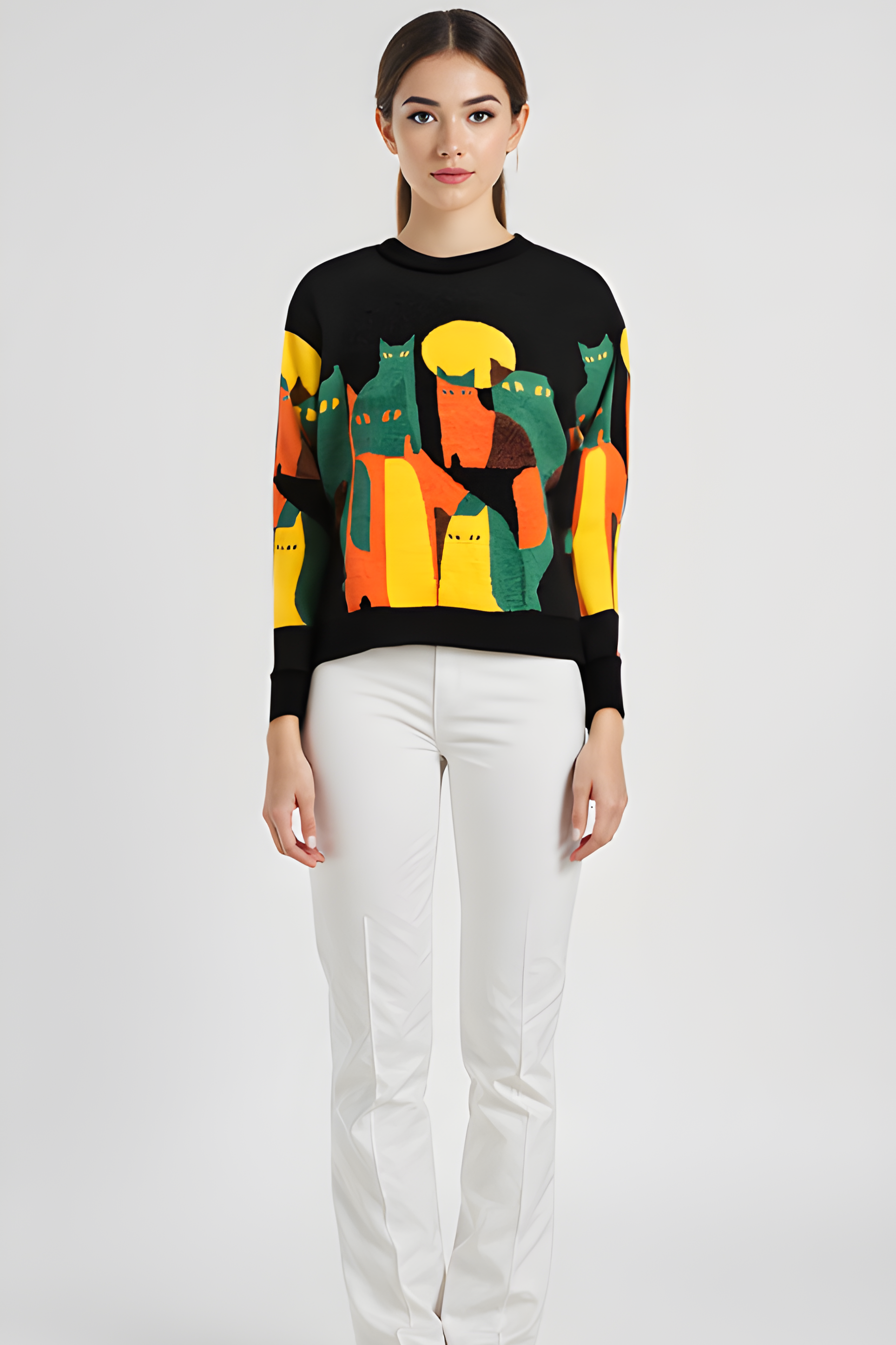 Luna | Artistic Cat Motif Crew Sweater