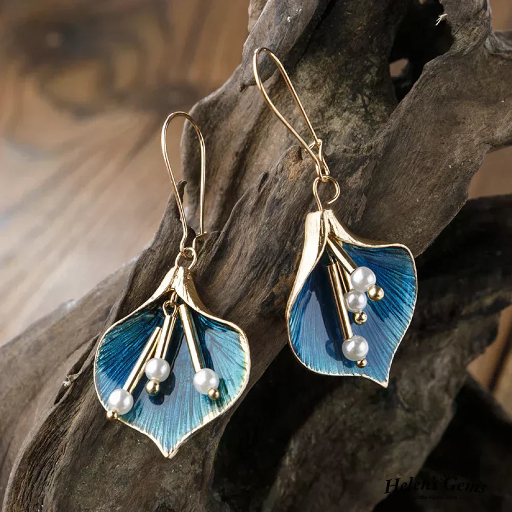 Paige | Gold Blue Lily Pearl Drop Earrings